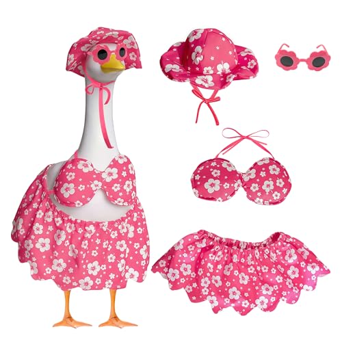 Goose Costume Set - 4PCS Hawaiian Outfit with Wide-Brim Hat, Bikini Top, Scalloped Skirt & Sunglasses | Outdoor Porch Decor for Summer, Pool Party, Garden, Holiday Decoration (Goose Not Included)
