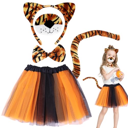 Dreamtop Disfraz de tigre para niños, tutú, falda con oreja, diadema de tigre, cola, nariz, disfraz de animal, juego para carnaval, cosplay, fiesta