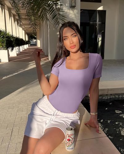 Image of OQQ Women's 2 Piece Bodysuits Sexy Ribbed One Piece Square Neck Short Sleeve Bodysuits