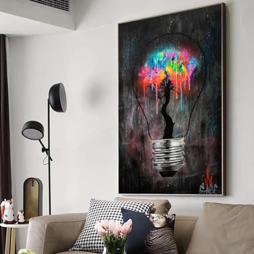 Toile peinture abstrait ampoule graffiti noir 80x123 cm pour deco salon