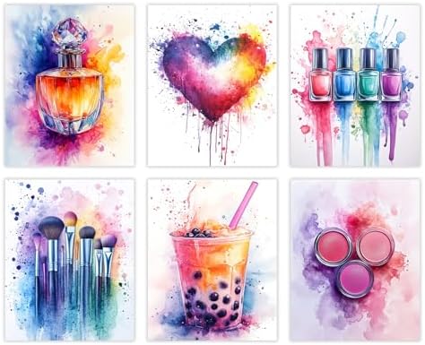 PAINURA Tween Girl Wall Art Makeup Room Decor Colorful Teen Girl Posters Pink and Purple Canvas Beauty Pictures for Girls Room Wall Decor for Teen Girls Bedroom Set of 6 Unframed 8x10 Inch