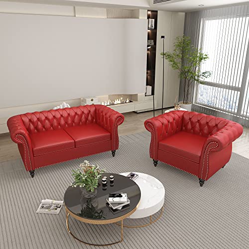 Image of QHITTY 2 Piece Living Room Set, Sectional Chesterfield Sofa Chair Contemporary Upholstered Leather Loveseat Couch Sets for Living Room, Bedroom, Office
