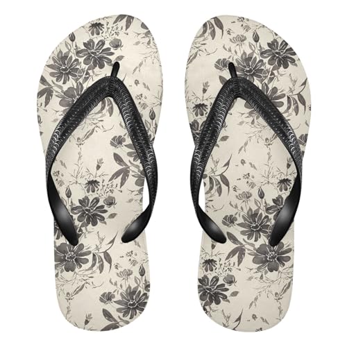 Floral Blossom Gray Flip Flops for Beach Thong Sandals Anti-slip Lightweight Flat Slippers for Travel Summer Outdoor