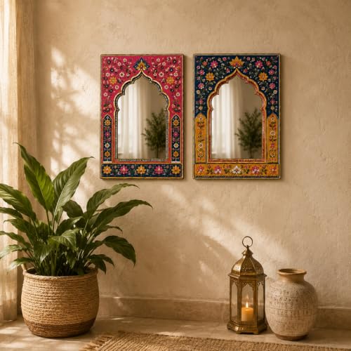 Image of American Elm Pack of 2 Jharokha Mirror Wall Decor for Home Decor Bedroom and Entryway Arch Acrylic Mirror Wall Hanging Ready to Hang