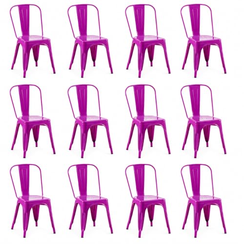 Image of Metal Dining Chairs with Backrest, Stackable, Purple, 12 Pack | Easy Assembly, Non-Slip Feet, 330 lb Capacity, Kitchen, Restaurant, Cafe, Pub, Covered Patio