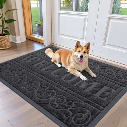 Image of OLANLY Welcome Door Mat Indoor Outdoor Entrance, Heavy Duty Sturdy Front Door Mat, Waterproof All-Weather Doormat, Stain Resistant, Low Profile, Easy Clean Patio Entryway Mat, 47 x 32, Black