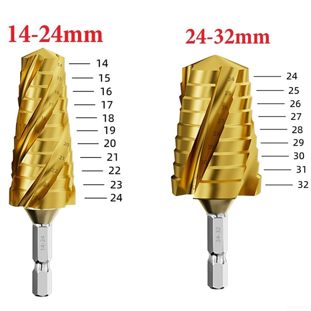 Foret étagé à quatre cannelures 14-24 mm 24-32 mm en acier HSS pour métal et bois avec marquages de diamètre étagé pour perçage de trou contrôlé (or 14-24 mm)