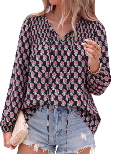KIRUNDO Boho Tops for Women Trendy 2026 Fall V Neck Floral Peasant Blouse - image 1