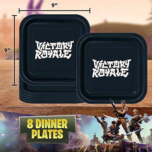 Unique Fortnite Dinnerware Party Bundle - Square Black Dinner & Dessert Plates, Luncheon & Beverage Napkins - Boy Birthday Supplies & Decorations Paper Set Victory Royale