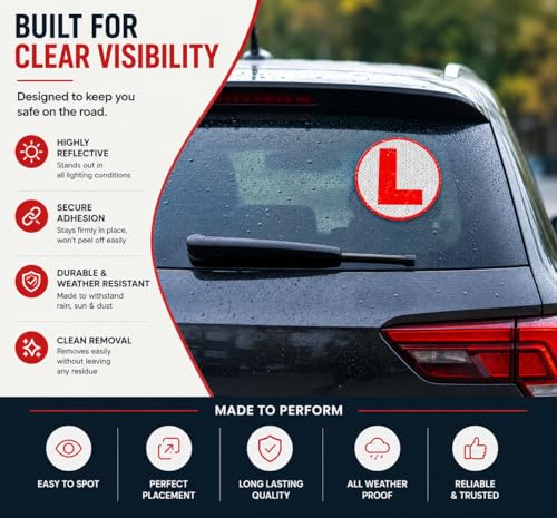 Image of Redluv Vinyl Reflective L Glass Sticker for Learning Drivers | Waterproof Car Board Sticker | Easily Removable, 15cm x 15cm, 2-Pack