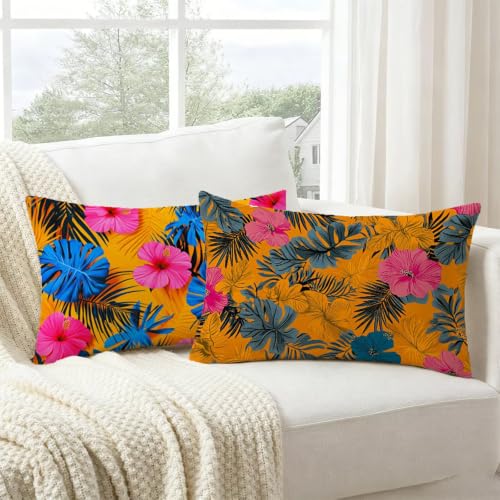 Coussin tropical jaune imperméable en lin texturé avec impression double face