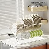 TABABAO Over The Sink Dish Drying Rack, Collapsible 3 Tier Dish Racks for Kitchen Counter, Large Capacity Stainless Steel Dish Drainer with Utensil Holder and Drainboard (Upgraded Version)