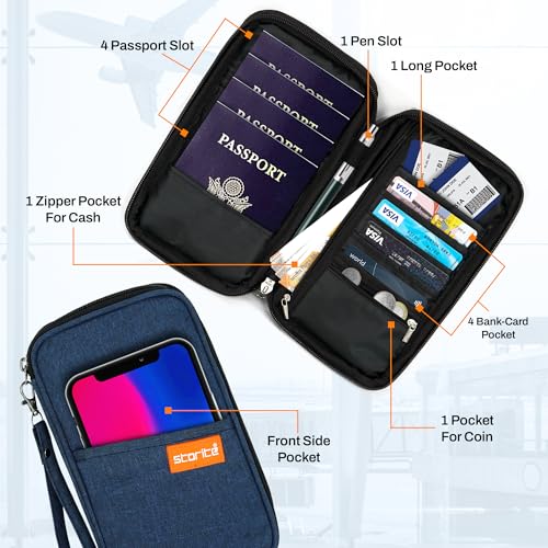 Image of Storite Nylon Travel Family Passport Holder Wallet Organizer for Credit Debit Card Boarding Pass with Removable Hand Strap for Men and Women(Blue)