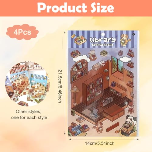 Image of HASTHIP 4 Pcs DIY 3D House Sticker Scene Set with Tweezer Room Decor