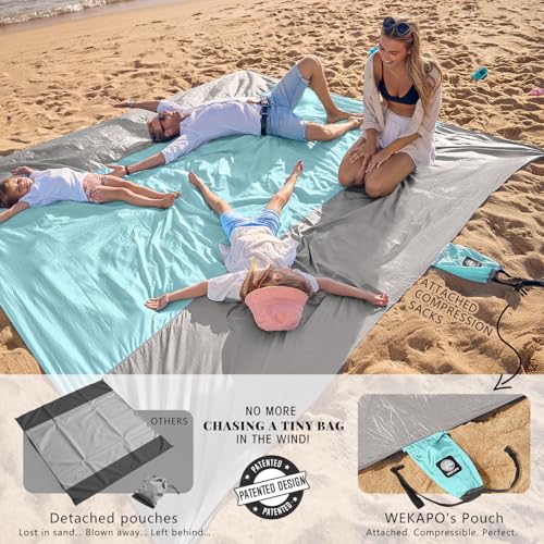 Image of WEKAPO Beach Blanket Sandproof Waterproof, Extra Large Beach Mat, Oversized & Compact Sand Free, Quick Drying Beach Essentials for Vacation, Cruise, Picnic & Camping with Stakes