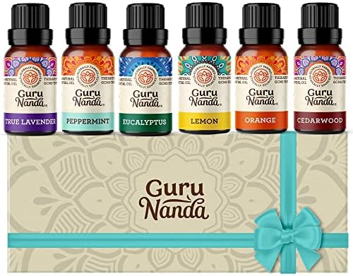 GuruNanda Essential Oils Set for Diffusers, 100% Pure, Aromatherapy, Massage, Skin Care, Candle and Soap Making Lavender, Peppermint, Eucalyptus, Orange, Lemongrass, Cedarwood 0.33 Fl Oz (Pack of 6)