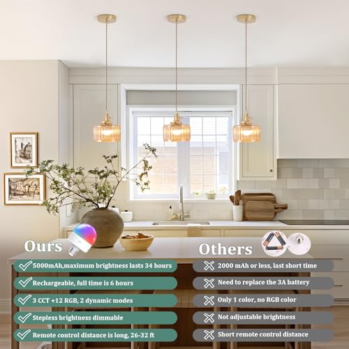Image of Shenmoyl Battery Operated Pendant Light 5000mAh Rechargeable Chandelier with Remote Control Wireless Adjustable Hanging Amber Striped Light for Kitchen Island Dining Room Hallway