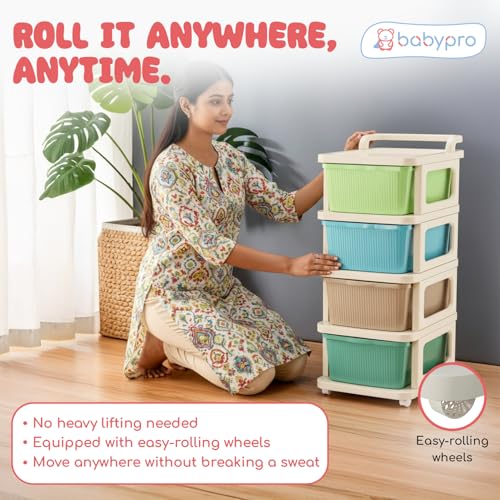 Image of BabyPro 4 Layer Plastic Drawer Organiser with Wheels, Storage Cabinet | For Modular Storage, Durable, Portable, Multi-Purpose Chest of Drawer