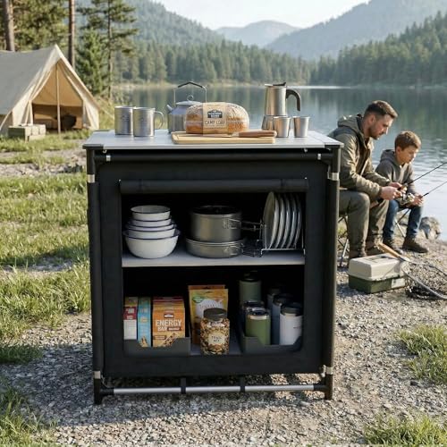 Sekey Campingschrank Faltbar Campingküche mit Aufrollbare Arbeitsplatte & Aluminiumgestell, Ink. Tragetasche, Reiseküche Zeltschrank Outdoor Camping Küche für Grillen, Picknick, Garten