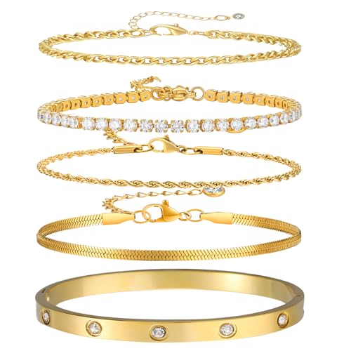 5Pcs Gold Bracelets for Women Trendy,Dainty 14K Real Gold Plated Jewelry Sets for Women,Waterproof,Thin Small Cute Chain Bracelets,Fashion Accessories Jewelry Gifts for Women Adjustable 7