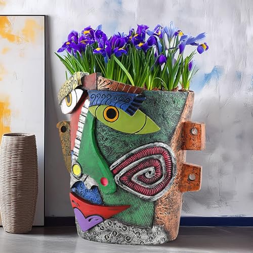 Pot de fleurs en résine coloré visage abstrait pour plante
