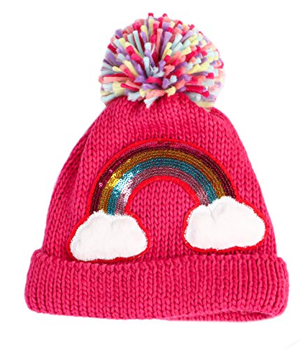 Little Girls Winter Sequin Rainbow Beanie Hat with Pom Pom Knit Cap for Kids Baby Toddler2