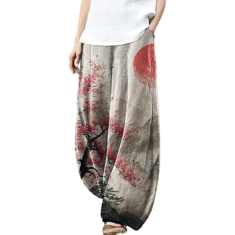 MARSVOVO Womens Palazzo Pants Dressy Casual Elastic Waist Hippie Pants Japanese Art Loose House Outdoor Pants Plus Size