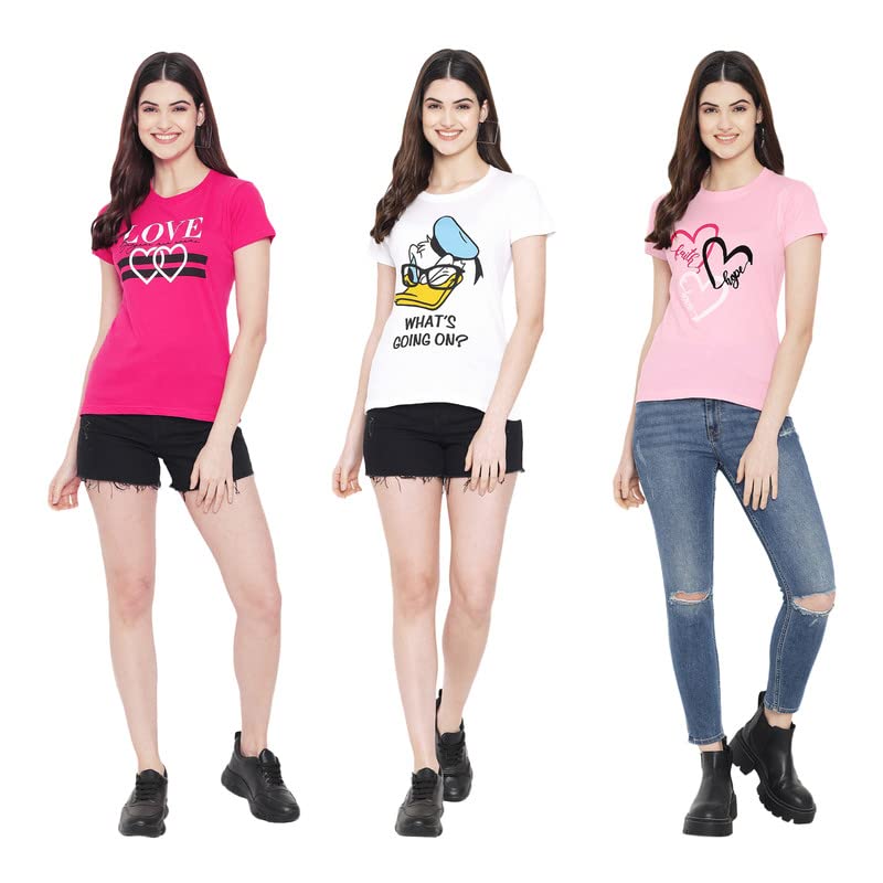 Image of Preneum Women's Cotton Regular Fit Graphic Stylish Printed Short Sleeves Casual T-Shirt || Trend & Style (Pack 3)