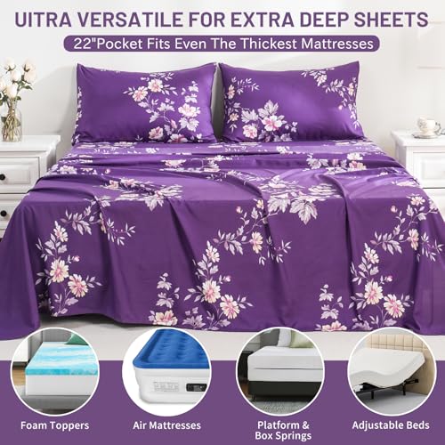 Bedlifes King Size Extra Deep Pocket Sheet Sets - Fits Mattresses Up to 18-24" Thick, 4-Piece Microfiber Set with 1800 Thread Count, Soft, Smooth, Breathable, Featuring Dark Purple Floral