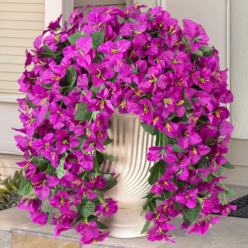 INXUGAO 2 pcs Artificial Faux Bougainvillea Flowers Plants for Outdoor Outside Summer Decoration, Fake Silk UV Resistant Long Trailing Vines for Front Door Porch Planter Balcony (Purple Deep Lotus)