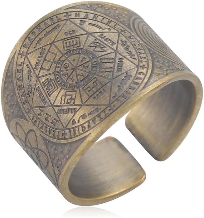 Amaxer Seven Archangels Ring for Men Stainless Steel The Seal Of Solomon Tetragrammaton Archangels Protection Adjustable Ring Statement Band for Men Women Antique Bronze, 8
