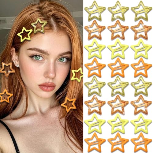 NAISKA 24Pcs Sequins Star Hair Clips Y2K Orange Yellow Star Hair Barrettes for Women Cute Non-Slip Clip Kawaii Metal Snap Hair Pins Barrette 2000s Girls Hair Accessories