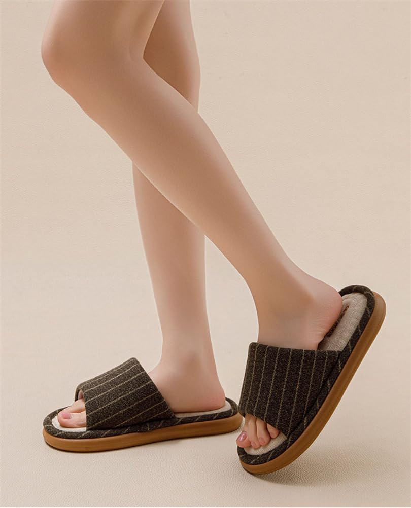 Linen House Slippers, 2 Pairs Striped Indoor Home Slippers