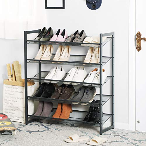 Image of SONGMICS Shoe Rack, 5-Tier Stackable Shoe Storage Shelf, Metal Mesh, Flat or Angled Shoe Organizer for 20 to 25 Pairs of Shoes, Short Boots, High Heels, Cool Gray ULMR05GB