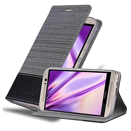 Cadorabo skal för HTC ONE M9 (3. Gen.) – mobiltelefonfodral med ståfunktion och kortfack i tyg design – fodral skydd skyddsfodral etui väska book, HTC ONE M9 (3. Generation), grå svart