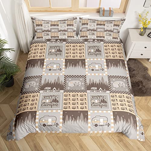 Camping Trip Bedding Set Queen,Gray Brown Grid Comforter Cover For Boys Girls,Kids Vintage Farmhouse Duvet Cover Set Camper Bedspread Cover Fashion Teens Bedroom Decor 3 Pcs Bed Collection #TOP28