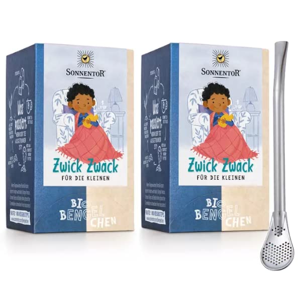Sonnentor Bio Bengelchen Zwick Zwack Tee für die Kleinen + yellow MEDIA Edelstahl Strohhalm-Löffel - 2x 18 Doppelkammerbeutel, spezielle Mischung für Kinder ab 1 Jahr - AT-BIO-301