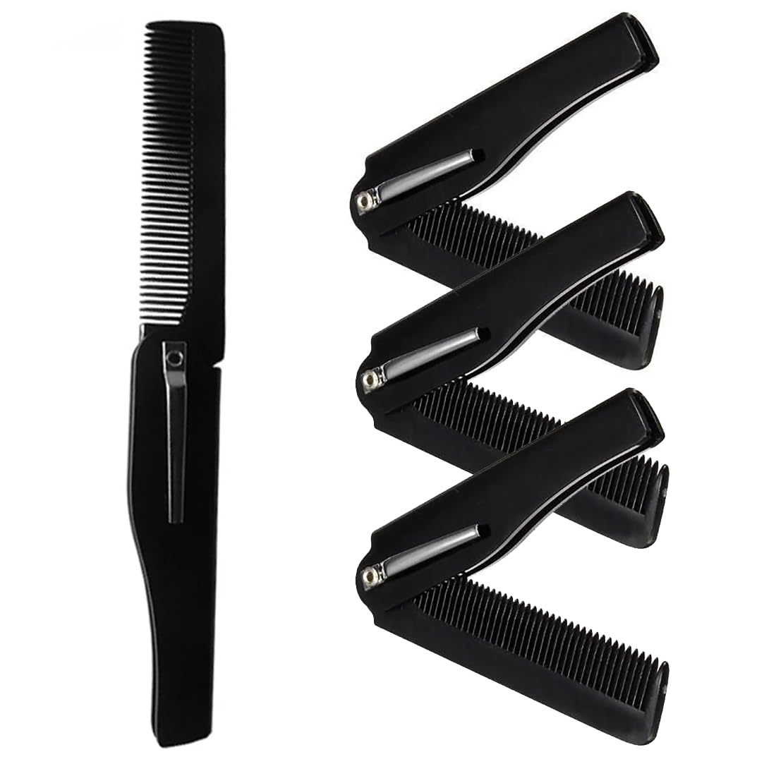 HSIXHAF 4 pcs Peine de Barba Plegable, Peine Hombre Plegable Peine para el Pelo y la Barba Peine de Barba con Decoración de Chapa Metálica Antiestático Pequeño Bolsillo Moustache Peine, negro