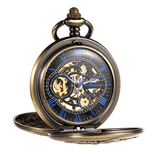 Image of TREEWETO Men's Retro Double Open Skeleton Mechanical Roman Numerals Shield Pocket Watch with Chain for Men Women