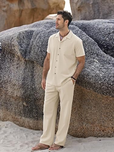 Men's 2 Piece Outfits Casual Beach Short Sleeve Button Down Shirts Loose Pant Sets Summer Vacation Walking Outfits3