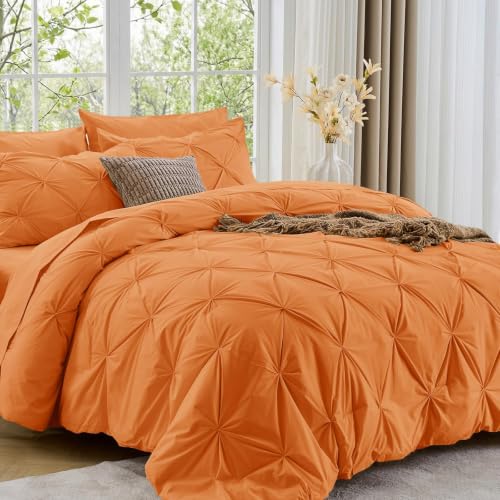 Image of Sasttie King Size Comforter Set, 7-Piece Bed in a Bag, Pintuck Bedding Set for All Season, Includes Comforter, Flat Sheet, Fitted Sheet, Pillowcases and Pillowshams, Coral Orange