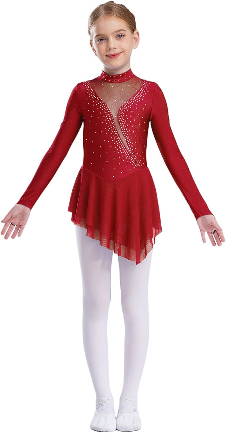 Girls Figure Ice Skating Competition Dress Rhinestones Long Sleeve Ballet Dance Leotard Asymmetrical Skirt