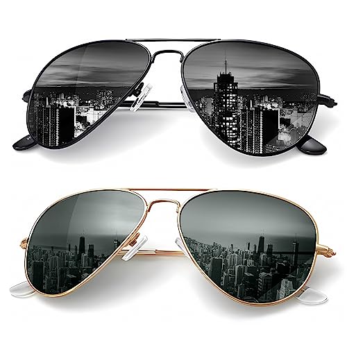 KALIYADI Classic Aviator Sunglasses for Men Women Driving Sun glasses Polarized Lens UV Blocking (2 Pack) 58mm