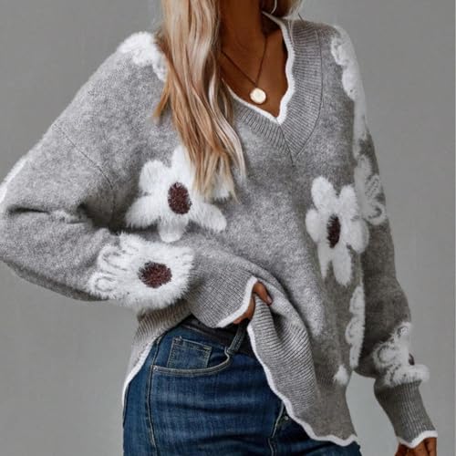 Scallop Trim Flower Sweater, 2025 New Women's Floral Pattern Scallop Trim Sweater, V Neck Loose Floral Sweaters for Women2