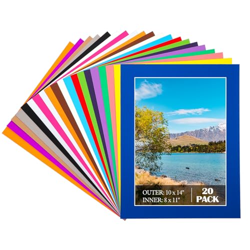 20 Pack Mixed Color Picture Mats, 11 x 14 Pre-Cut Acid Free Picture Mat for 8 x 10 Photos Artworks Prints with White Core Bevel Cut Framing Mats
