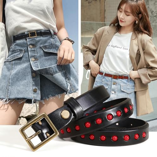 Leather Studded Belt with Brass Buckle for Women, 1" Fashion Ladies Skinny Belt for Dresses, Jeans and Coats2