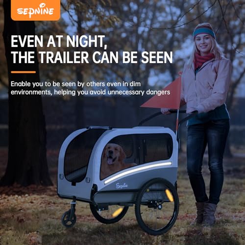 SEPNINE® 2-in-1 XXL Fahrradanhänger für Hunde, Hundeanhänger für Fahrrad - mit Dachöffnung, Reflektoren & Reflexstreifen, mit Schiebestange & Universal-Fahrradkupplung, Faltbar, Bis 50 kg