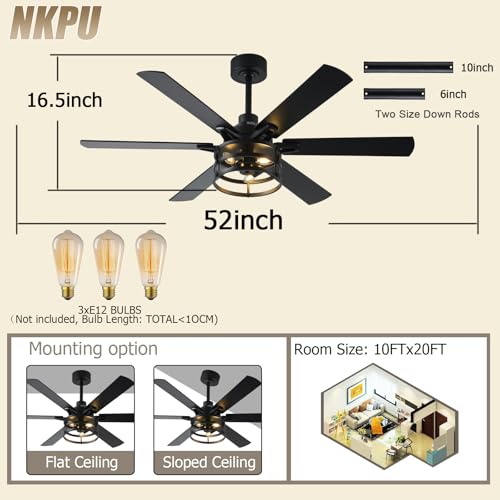 Image of NKPU 52 Inch Farmhouse Ceiling Fan with Light and Remote, Black Industrial Caged Rustic Ceiling Fan with 6 Speed Reversible Motor and Dual Finish 6 Blades, Rustic Ceiling Fan for Living