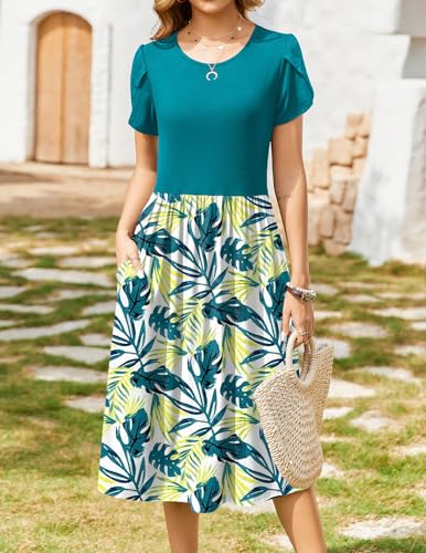Image of Zeagoo Flowy Sundress with Pockets Summer Loose Shift Dress Crewneck Short Sleeve Midi Dress Alin Swing Dress Casual Floral Print Dress Tropical Dress 2025,XL