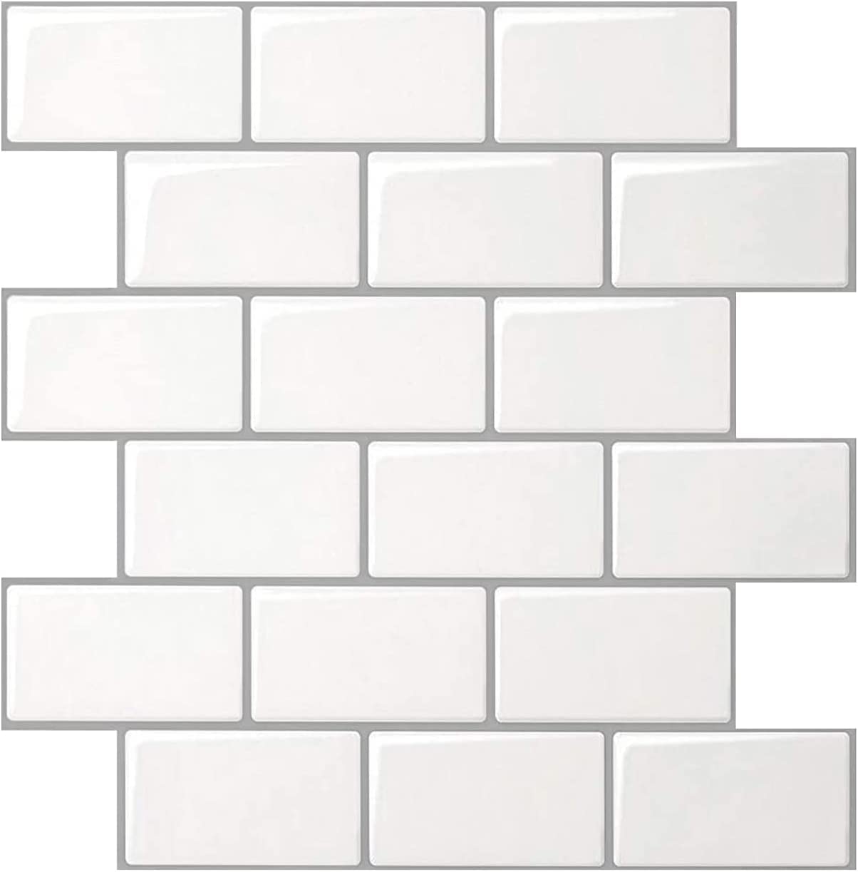 THE WHITE SHOP 10-Sheet Peel and Stick Backsplash, 12" x 12" Subway 3D Wall Panels, Mono White with Gray Grout(Thicker Version)